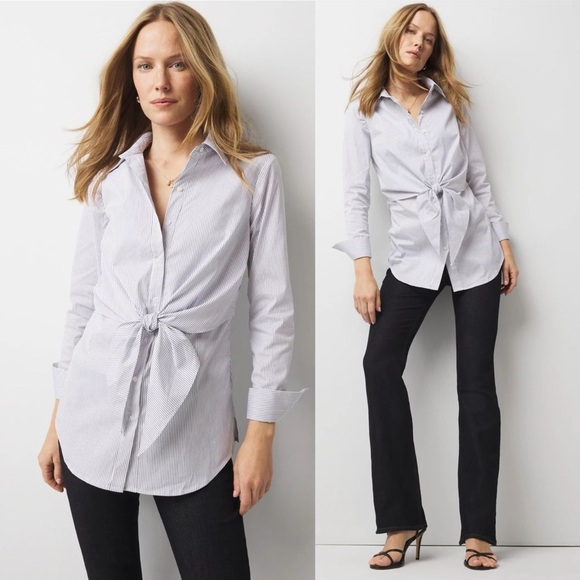 White House Black Market Tops - White House Black Market WHBM 0 Tie-Front Striped Button Down Tunic Top